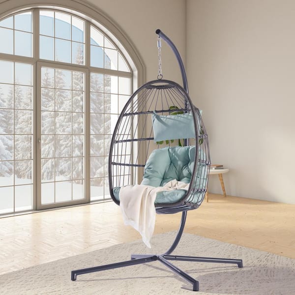 BFB Patio Wicker Porch Swing Chair Folding Hanging Outdoor Chair with Pillow and Stand