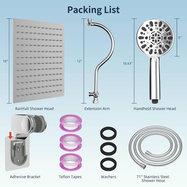 1-Piece 10-Spray High Pressure Rainfall Shower Head & Handheld Combo Included Adjustable Arm, Hose & Holder in Chrome