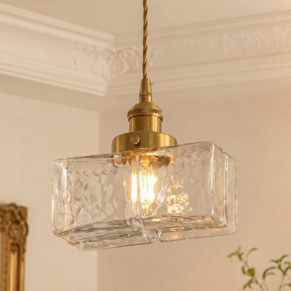 1-Light 7.09 in. Brushed Brass Retro Square Pendant Light Kitchen Island Hanging Lighting with Hammered Glass Shade price history on PriceWatchPro