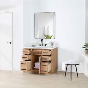 Gavino 42 in.W x 22 in.D x 34 in.H Bath Vanity in Light Brown with Grain White Composite Stone Top and Mirror