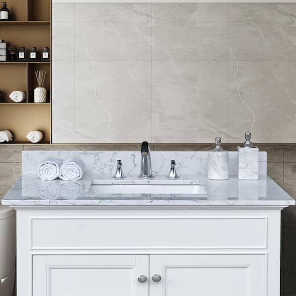 Vanityfus 37 In W X 22 D Marble Stone Bathroom Vanity Top Lightning White With Ceramic Single Sink And Backsplash Vf Mt96 37l - Bathroom Vanity Top Without Backsplash