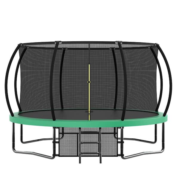 Sudzendf Green 12 ft. Outdoor Trampoline for Kids and Adults with Enclosure Net, Balance Bar and Basketball Hoop and Ball
