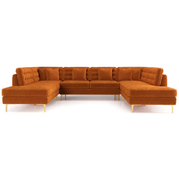 Ashcroft Furniture Co Clarissa 130 in. W Square Arm 3-piece U-Shaped Velvet Modern Living Room Corner Sectional Sofa in Burnt Orange