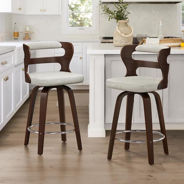 cozyman 26 in. Light Beige Gray Faux Leather and Deep Walnut Wood Mid-Century Modern Swivel Counter Height Bar Stool (Set of 2)