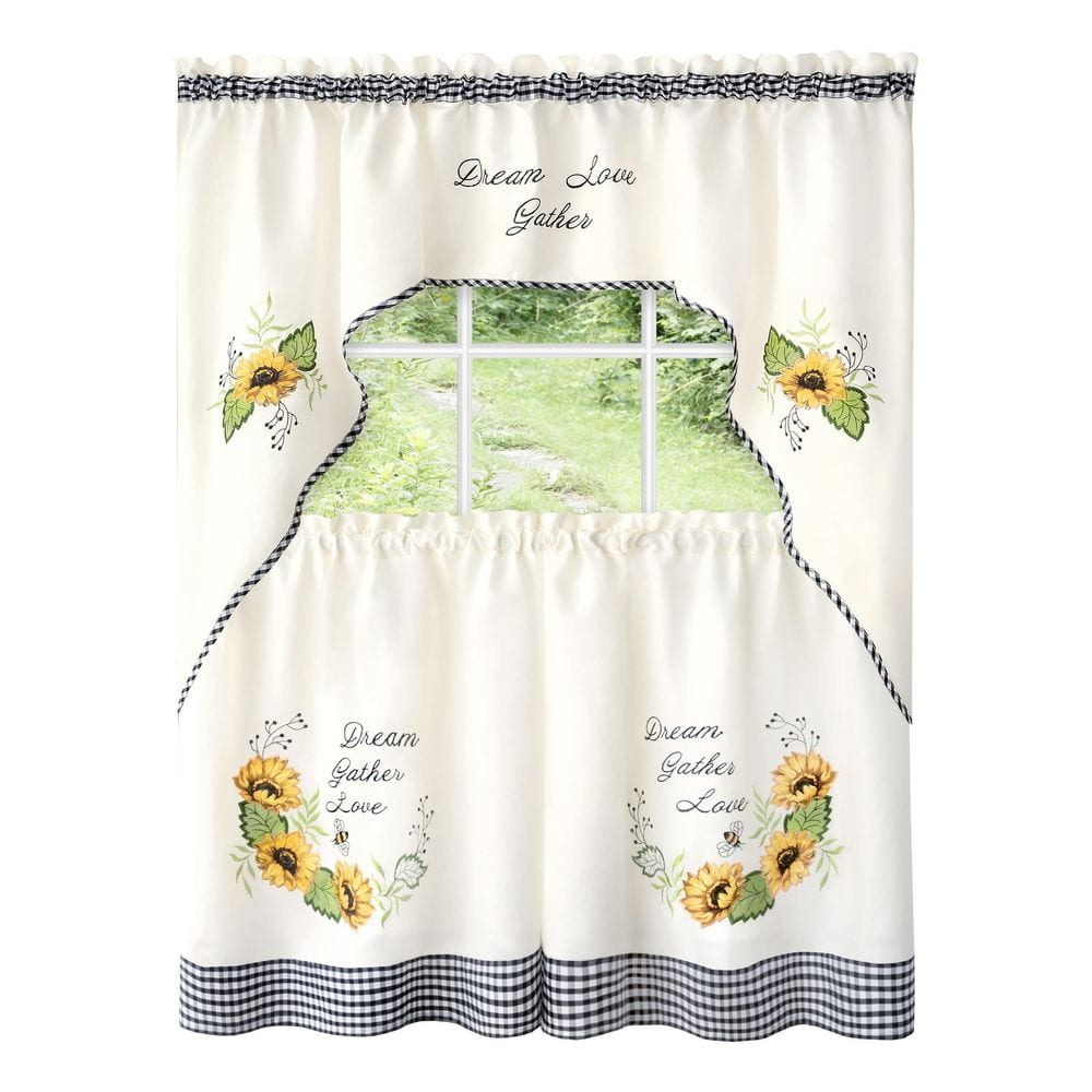 Wide White Polyester Sunflower Embellished Tier and Swag Curtain Set