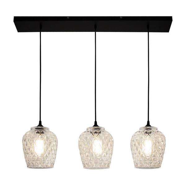 BAZZ 35 in. 3-Light Clear Textured Glass Shade Hanging Ceiling Pendant