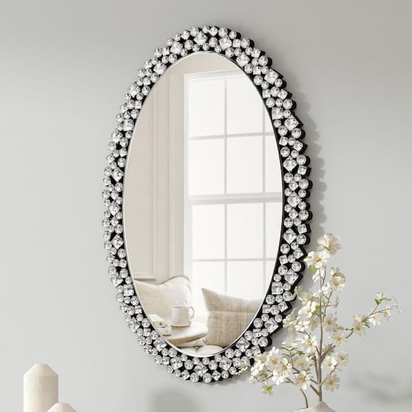 Crystal Silver Grass 23.6 in. W x 35.4 in. H Luxury Oval Glass Framed Mirror