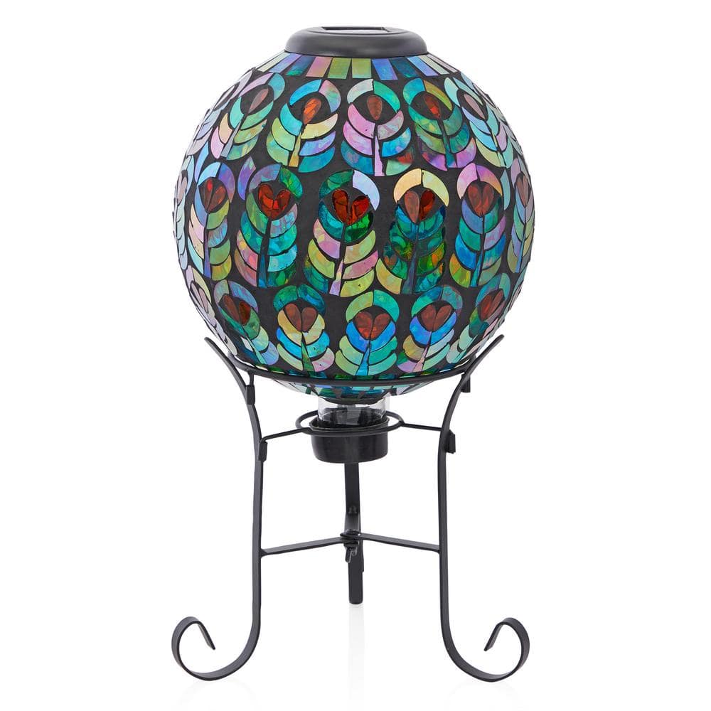 Solar Multicolor Glass Peacock Feather Mosaic Gazing Globe with Metal Stand