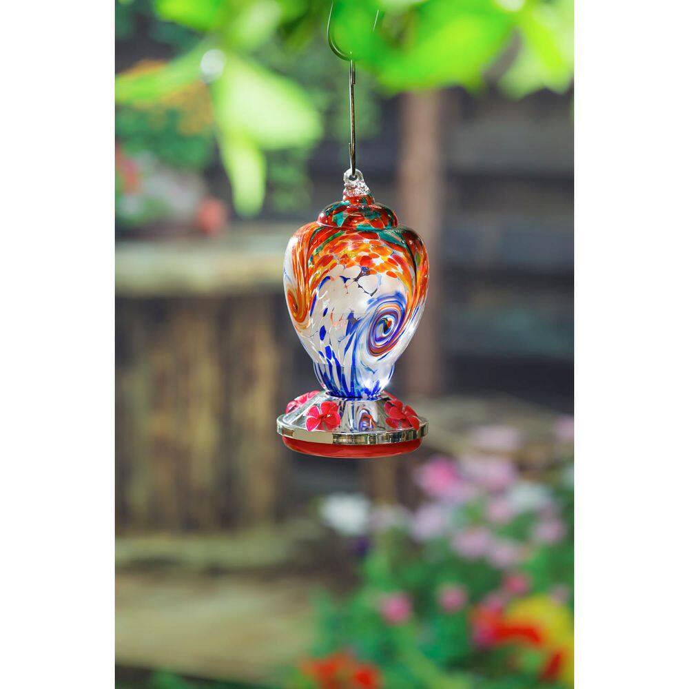 Multi-Colored Swirled Glass and Metal Hummingbird Feeder