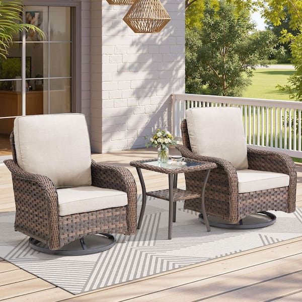 3-Piece Wicker Patio Conversation Outdoor Swivel Chair Set, Including Chairs and Side Table with Beige Cushions