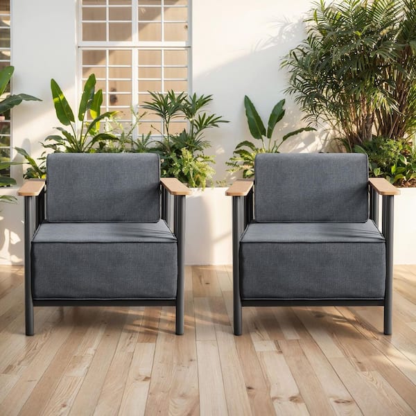 Puffin Black Metal Outdoor Lounge Chairs with 10 in. Olefin Dark Gray Cushions (2-Pack)