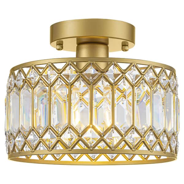 9 in. 1-Light Modern Gold Semi Flush Mount Ceiling Light with Geometric Crystal Drum Shade for Hallway, Entryway