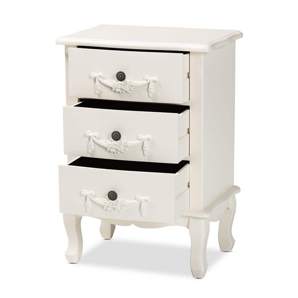 Callen Traditional White 3-Drawer Wood Nightstand with Floral Moldings