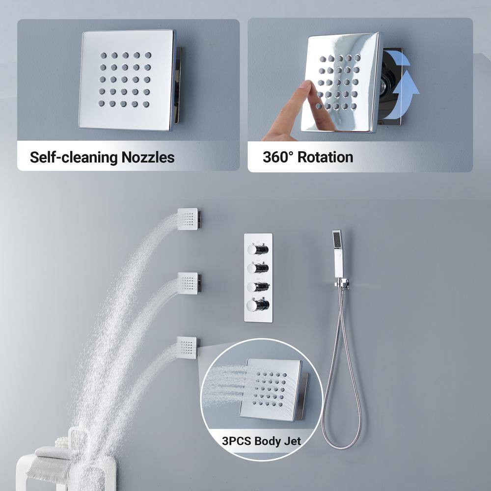 Large Chrome Dual Square Ceiling Mounted Shower System with Body Jets