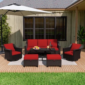 6-Piece Wicker Swivel Rocking Chairs Outdoor Patio Conversation Set with Red Cushions and Coffee Table