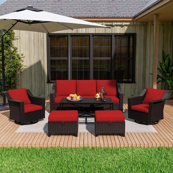 MeetLeisure 6-Piece Wicker Swivel Rocking Chairs Outdoor Patio Conversation Set with Red Cushions and Coffee Table