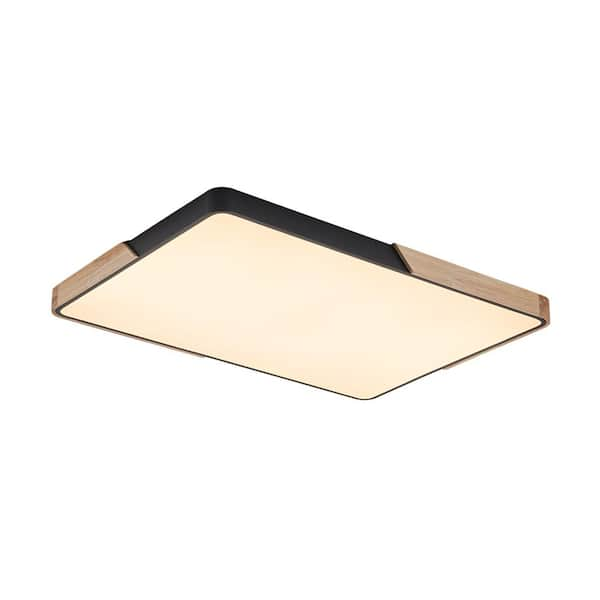 Lumin 34.7 in. 1-Light Wood and Black Finish Smart LED CCT Flush Mount with Remote Control and Oak Rectangle Shaded