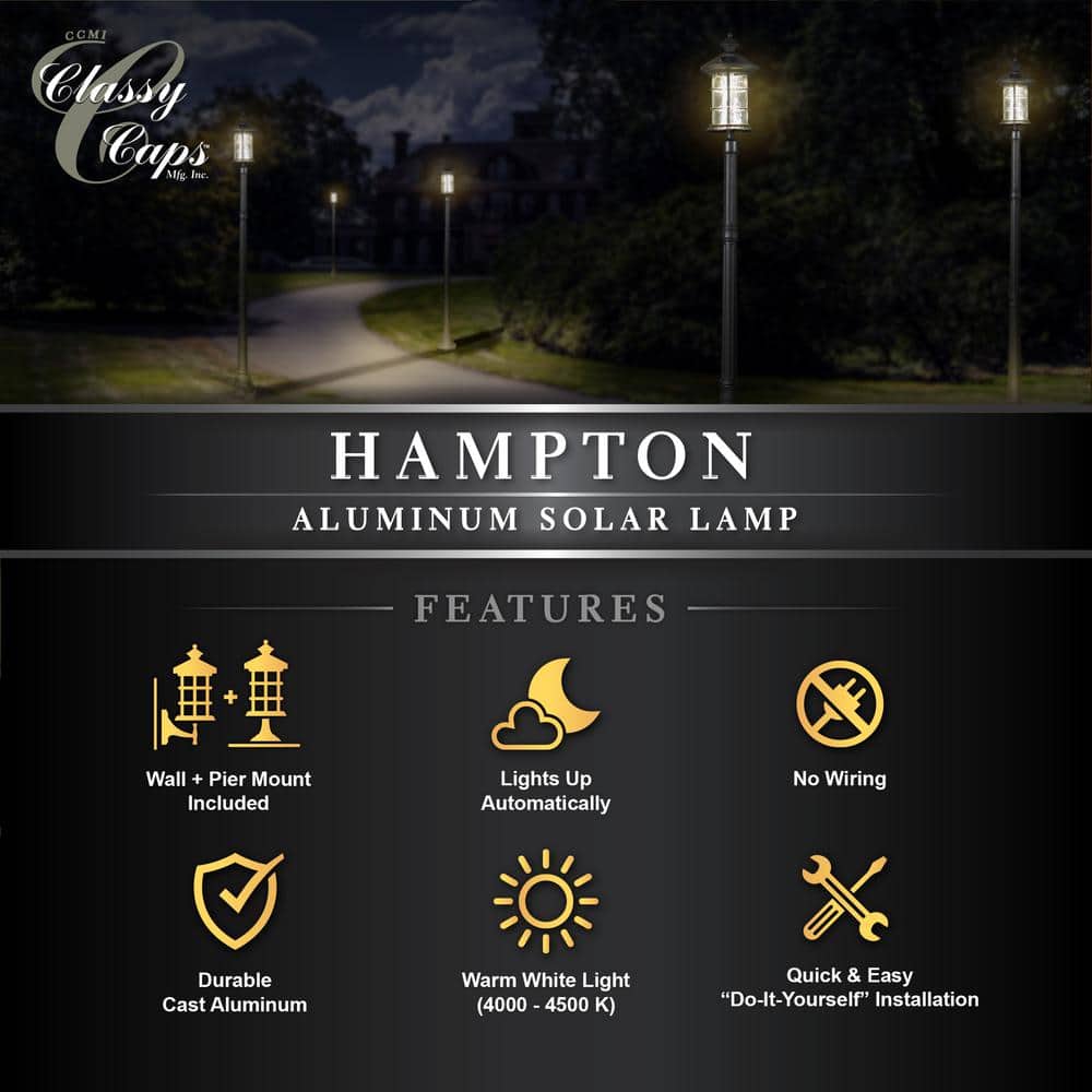 Black Aluminum LED Solar Lamp Post with Decorative Glass