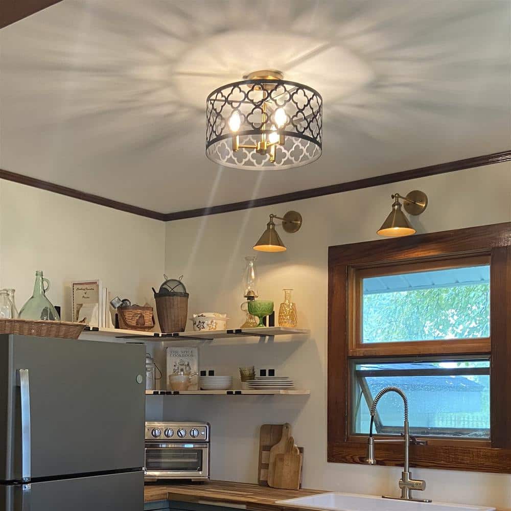 Sutton 16" Modern Drum Ceiling Light in Black & Warm Brass