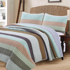 Autumn Cottage Stripe Gingham Check Dot 3-Piece Multi- Color Blue Green Maroon Brown Cotton King Quilt Bedding Set