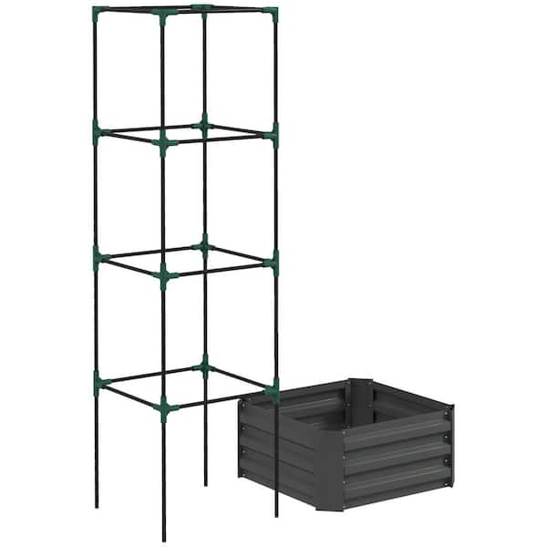 24 in. x 24 in. x 11.75 in. Outdoor Steel Planter Box with Trellis Tomato Cage and Open Bottom in Gray