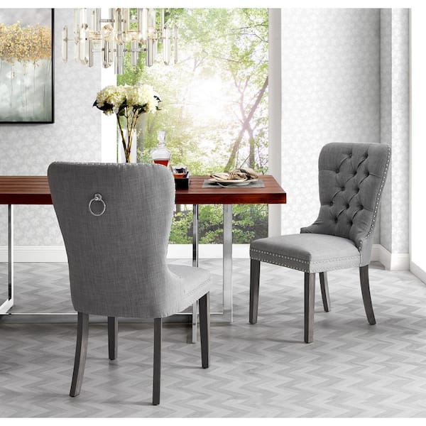 Inspired Home Nevaeh Light Grey Linen, Fabric Dining Room Chairs With Nailheads