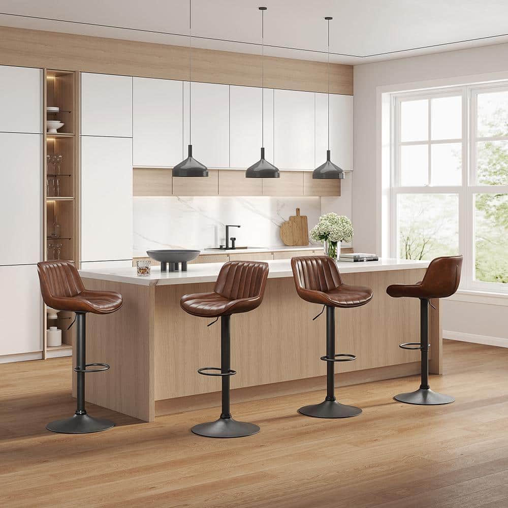 Cognac Elegance Adjustable Swivel Barstool Set in Faux Leather