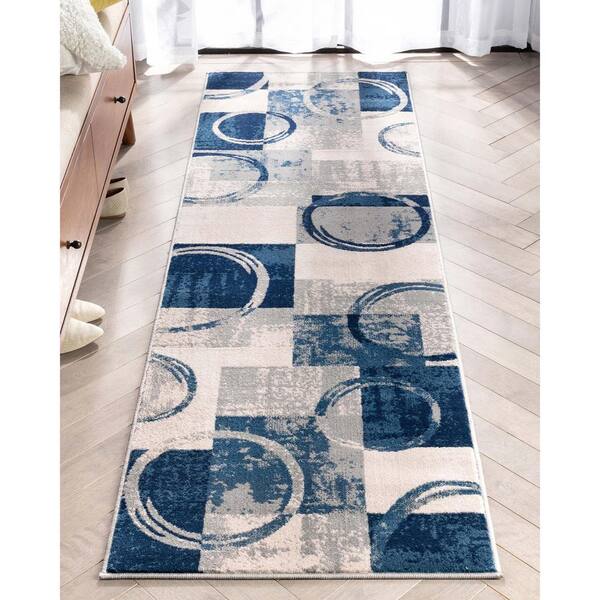Barclay Shai Modern Geometric Grey Blue 2 ft. 3 in. x 7 ft. 3 in. Runner Area Rug