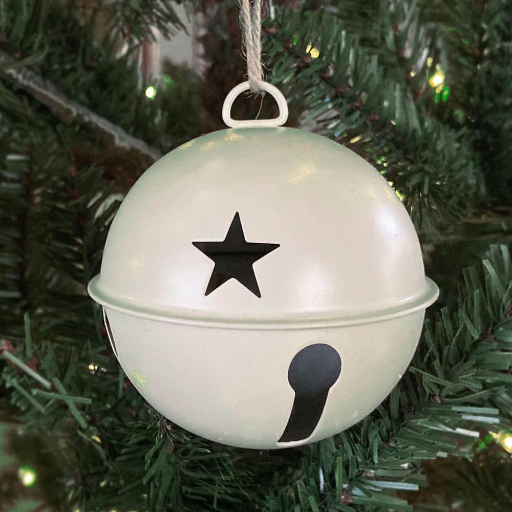 Ivory Metal Jingle Bell Ornaments with Star Cutouts, Set of 6