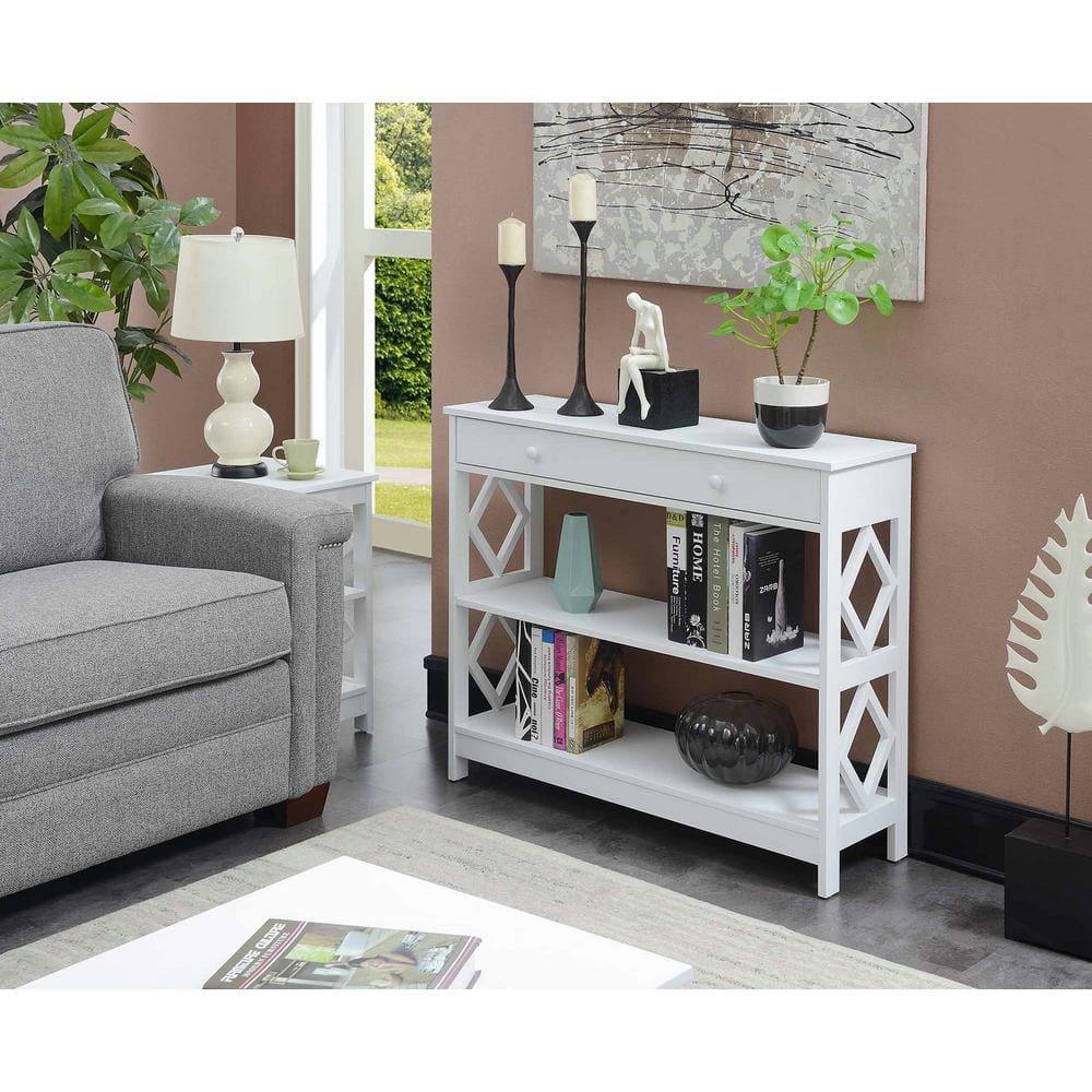 White Diamond Cutout 1-Drawer Console Table with Shelves