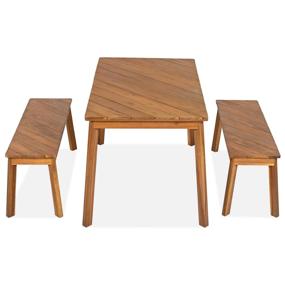 3-Piece Acacia Wood Rectangular Outdoor Dining Set, Wood Table with 2 Bench