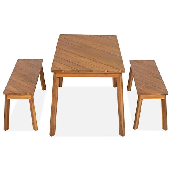 Unbranded 3-Piece Acacia Wood Rectangular Outdoor Dining Set, Wood Table with 2 Benches for Garden, Pool, Yard