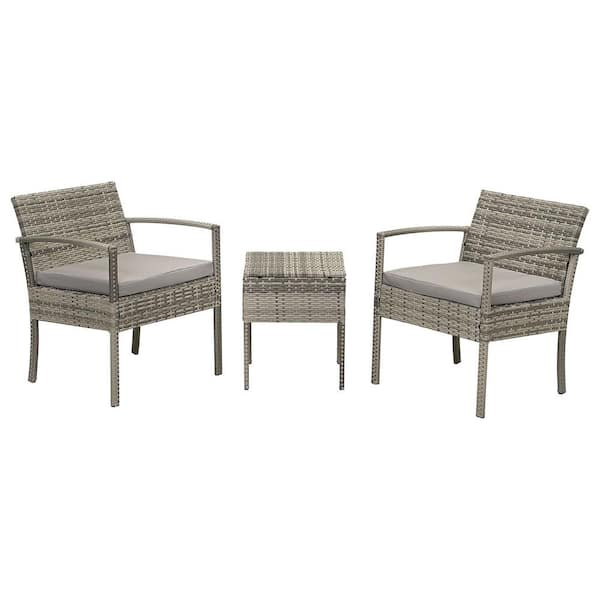 ANGELES HOME 3-Piece Wicker PE Rattan Patio Conversation Set with Gray Cushion Sofa Coffee Table for Garden