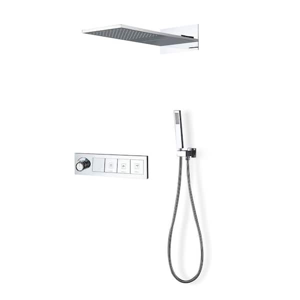 WELLFOR 4-Spray Dual Wall Mount Fixed and Handheld Shower Head 1.59 GPM in Chrome LED Digital Display Thermostatic Shower Kit