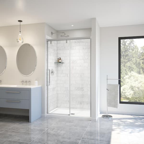 MAAX Uptown 44 in. to 47 in. W x 76 in. H Frameless Sliding Shower Door for Alcove with Clear Glass in Chrome White Marble