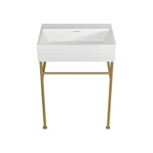 24 in. Ceramic White Single Bowl Console Sink Basin and Legs Combo with Overflow and Gold Leg