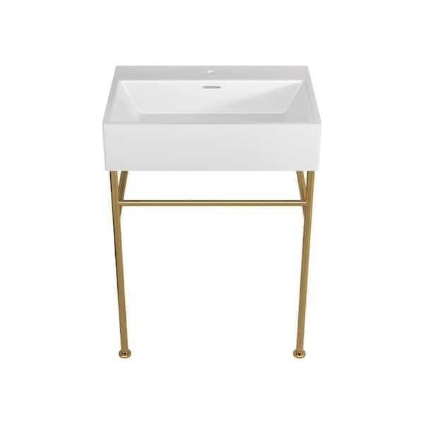 Logmey 24 in. Ceramic White Single Bowl Console Sink Basin and Legs Combo with Overflow and Gold Leg