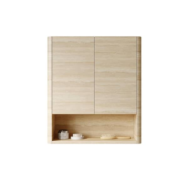 26 in. W x 8 in. D x 30 in. H Beige Plywood Linen Cabinet with Doors, Shelf and Open Storage
