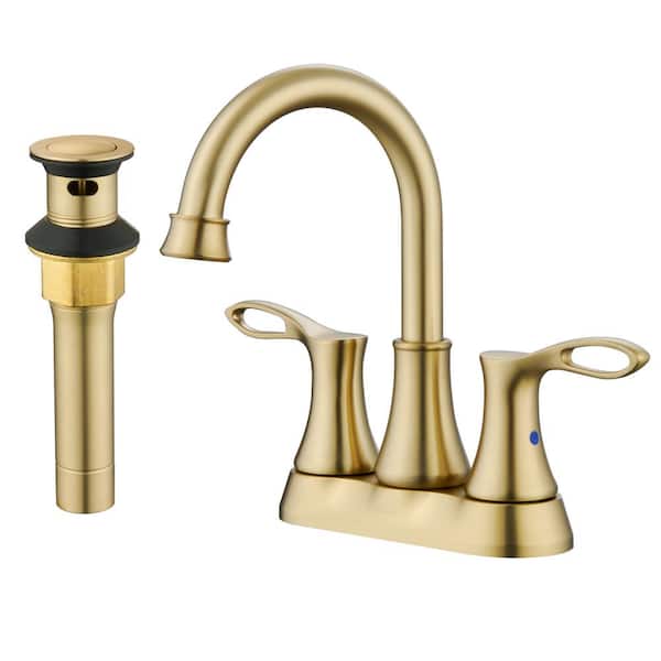 4 in. Centerset Double Handle High Arc Bathroom Sink Faucet with Stainless steel Drain in Brushed Gold