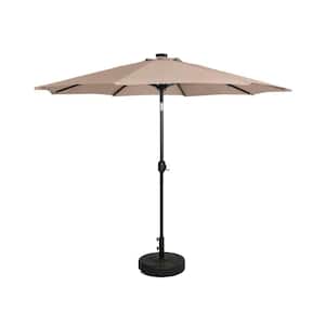 Marina 9 ft. Solar LED Market Patio Umbrella with Bronze Round Free Standing Base in Beige