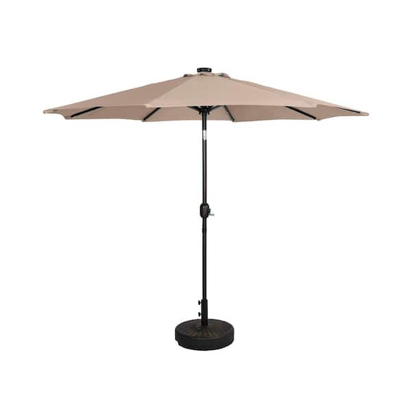 WESTIN OUTDOOR Marina 9 ft. Solar LED Market Patio Umbrella with Bronze Round Free Standing Base in Beige