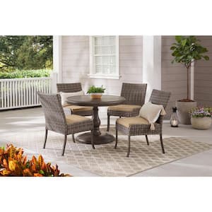 Windsor 5-Piece Brown Wicker Round Outdoor Patio Dining Set with Sunbrella Beige Tan Cushions