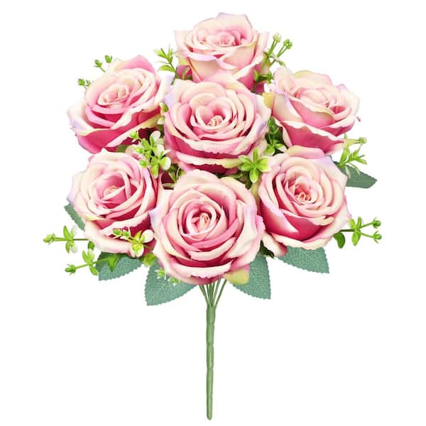 LIVING LUXURY 17 in. Fuchsia Pink Artificial Elegant Rose Flower Stem Bush Bouquet (Set of 2)