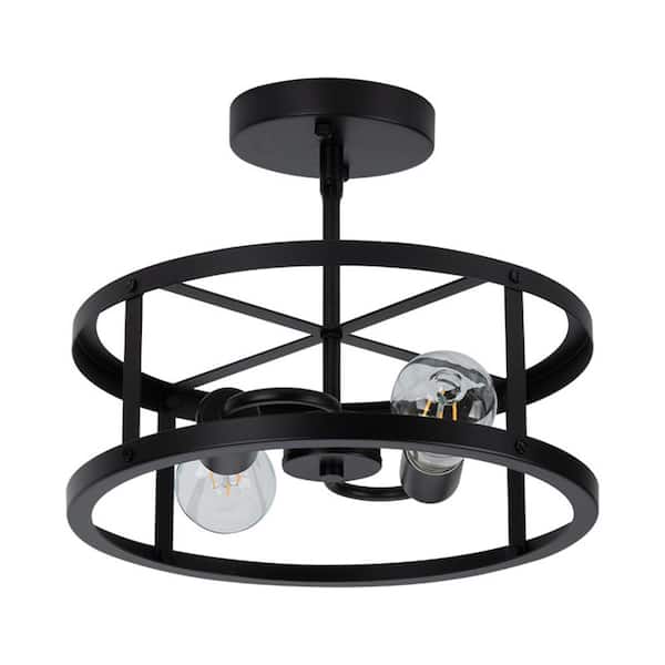 TAIFOND 12.6 in. 2-Light Matte Black Drum Semi-Flush Mount
