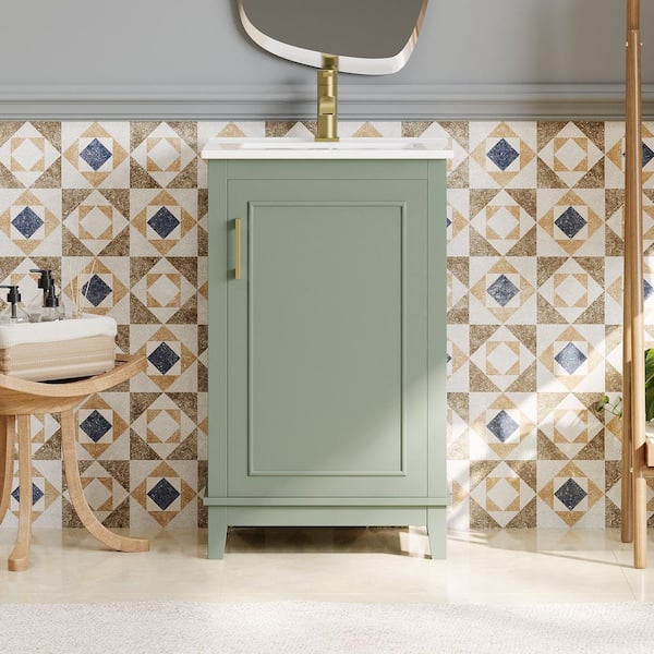 20 in. Modern Small Bath Vanity Cabinet in Green with White Ceramic Basin Top