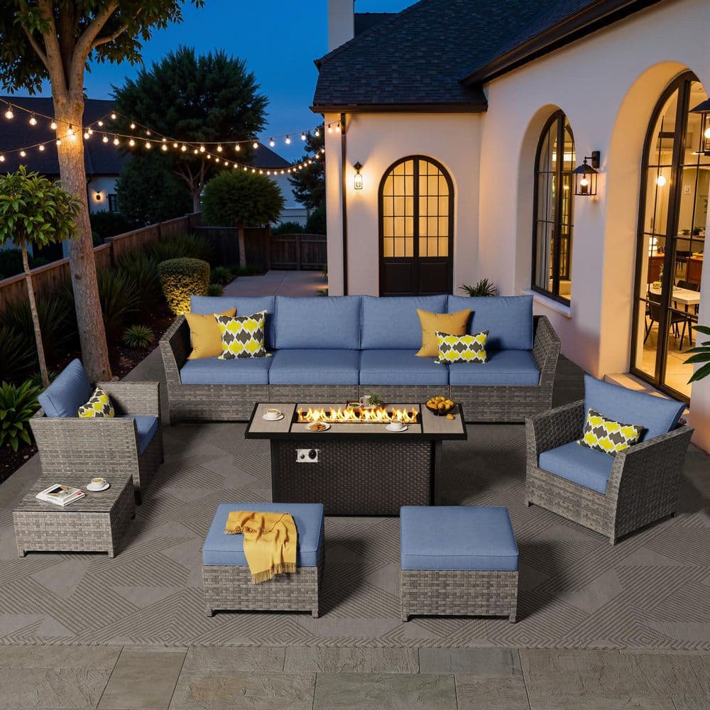 Tulip 10-Pieces Wicker Patio Conversation Sectional Sofa and Rectangular Fire Pit Set with Denim Blue Cushions price history on PriceWatchPro