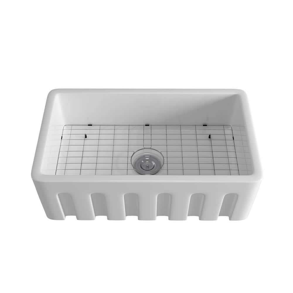 White Ceramic 32.56 in. Single Bowl Corner Farmhouse Apron Workstation Kitc