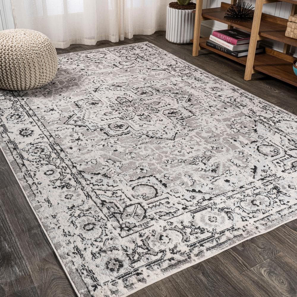 Ivory and Gray Synthetic Medallion 8' x 10' Area Rug