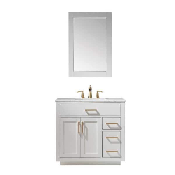 Altair Ivy 36 in. Single Bathroom Vanity Set in White and Carrara White Marble Countertop with Mirror
