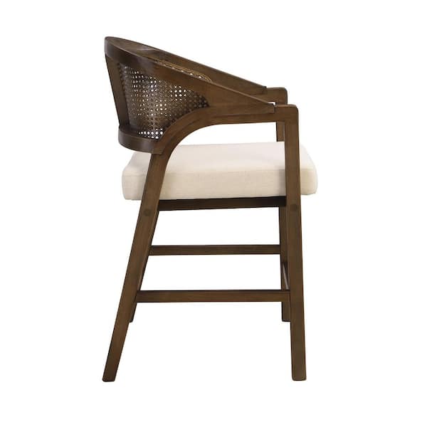 Dorian Village 24.25 in. Wood Frame Counter Stool with Beige Fabric Cushion, Rattan Woven Back, Walnut, (Set of 2)